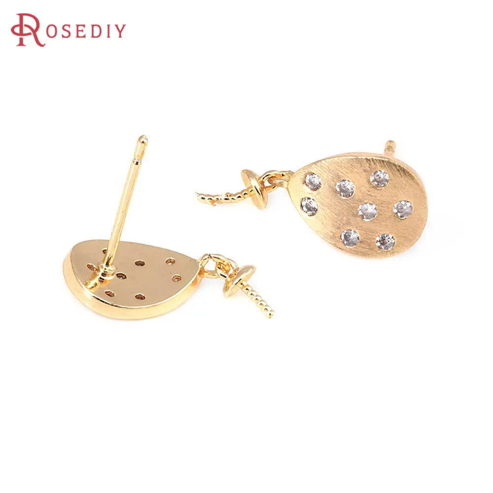 4PCS 18K Gold Color Brass and Zircon Can Fit Half Hole Beads Drop Stud Earrings Pins Earrings High Quality Diy Jewelry Making - view 3