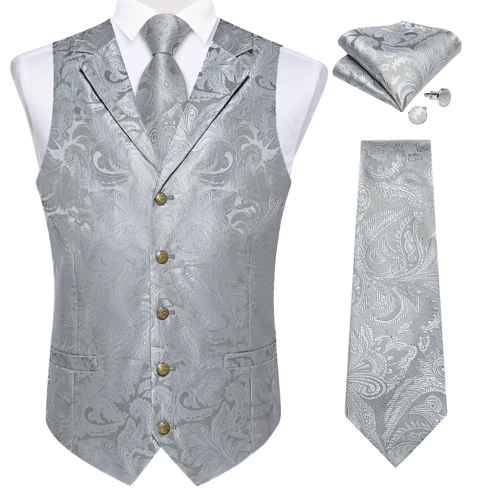 DiBanGu Men\'s Vest Tie Set Silk Paisley Tuxedo Suit Waistcoat and Necktie Hankerchief Cufflinks for Wedding Party Groom Clothing