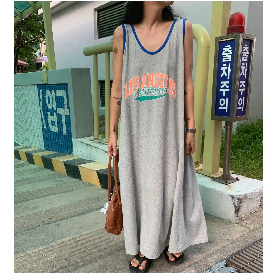 

Summer New Sport Style Letter Print Color Block Collar Sleeveless Straight Tube Dress Women's Fashionable Casual Skirt