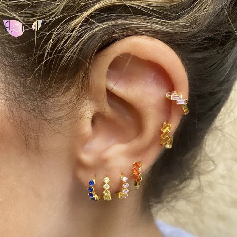 925 Sterling Silver Needle Circle Inlaid Colorful Zircon Hoop Earrings for Women Delicate charm Jewelry Huggie Earring wholesale