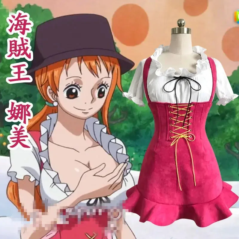 

2025 New COSREA Japanese Anime Piece Cosplay Costume Nami Rose Red Lovely Dress with Bowknot Costumes Halloween Party for Wo ★★★