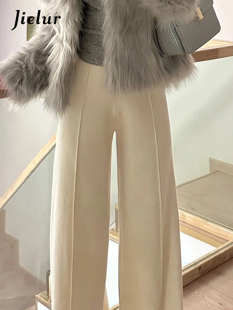 Jielur Off White Slim Fashion Office Lady Pants Knitted High Waist Casual Straight Solid Color Female Wide Leg Pants Streetwear