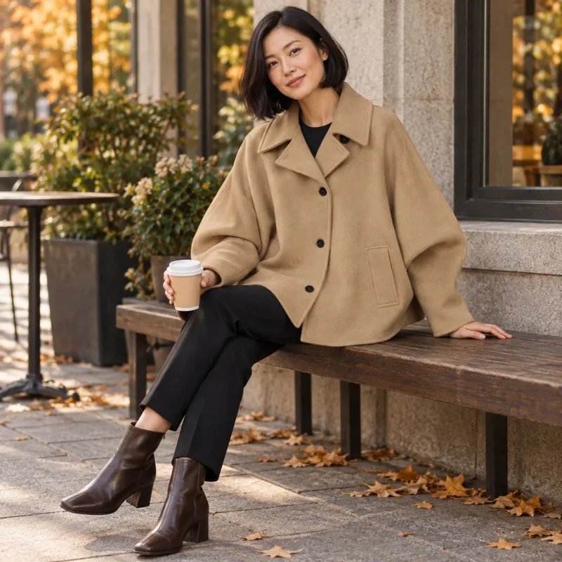 Women Autumn Wool Blend Coat Batwing Sleeve Lapel Collar Loose Camel Cardigan Jacket Casual Streetwear Outerwear Fashion Top