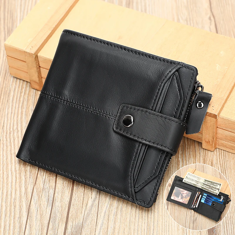 Herren Kurze Geldbörse aus Echtem Leder Multifunktionale Modische Schwarze Brieftasche mit Reißverschluss Kartenfach Große Kapazität