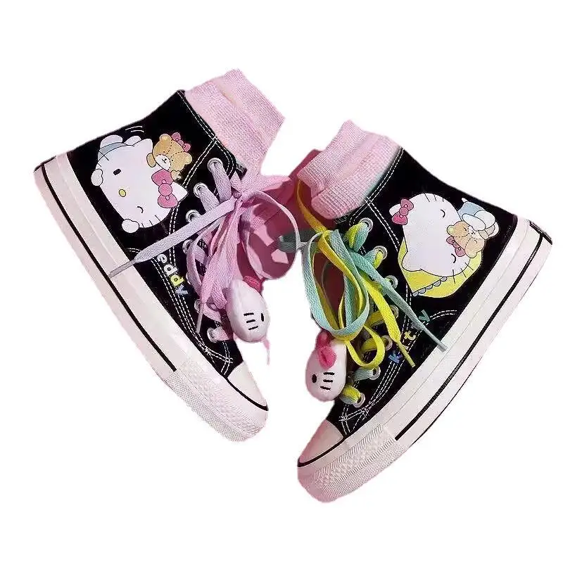 Cosplay Anime hello kitty Canvas Cute Cartoon Adult Sneaker Shoes Students Ligh-top Women's White Casual Walking Shoes