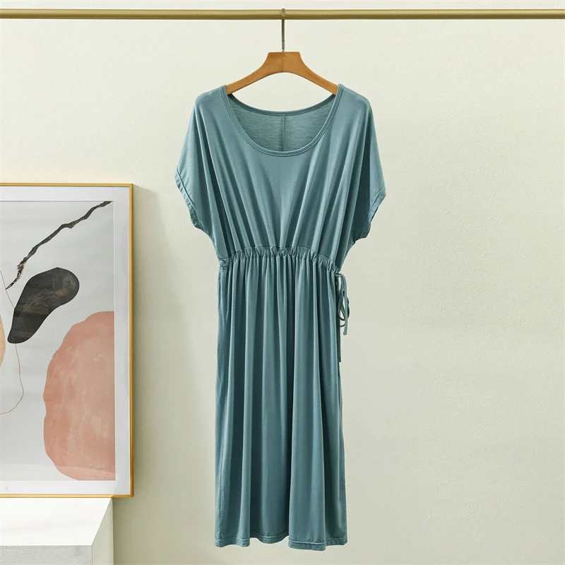 Modal Mid Length Long Dress Loose Elastic Pleated Nightdress Short Sleeved Summer Sleepwear Women Comfortable Ladies Nightgowns