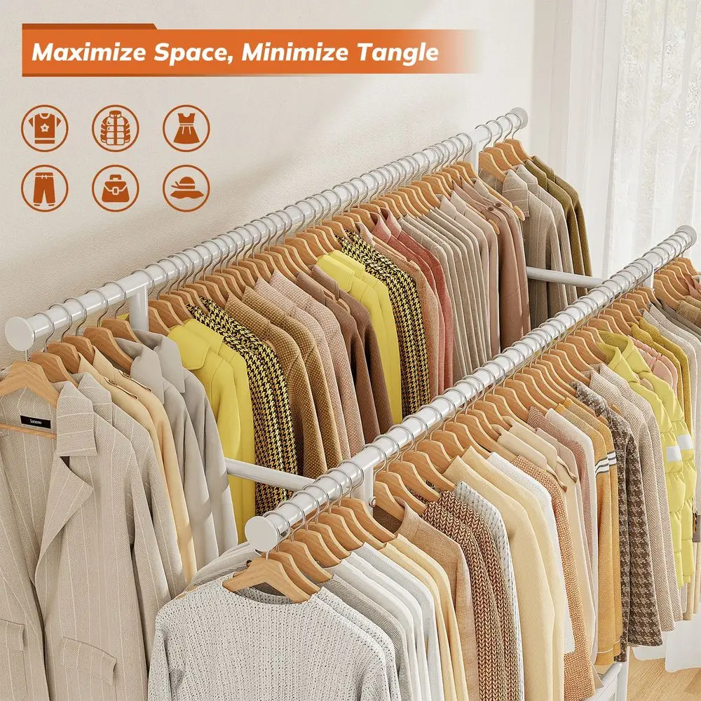 

Double Rod Rolling Clothing Rack With Storage Basket And Heavy Duty Wheels For Bedroom Or Laundry Room, White