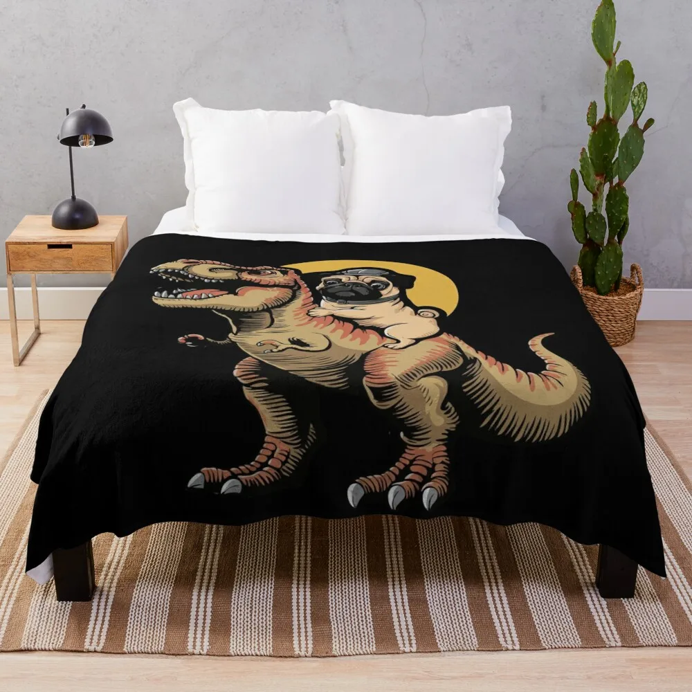 Pug Dog Ride T-Rex Dinosaur Throw Blanket Soft Plush Plaid blankets ands Bed covers Blankets