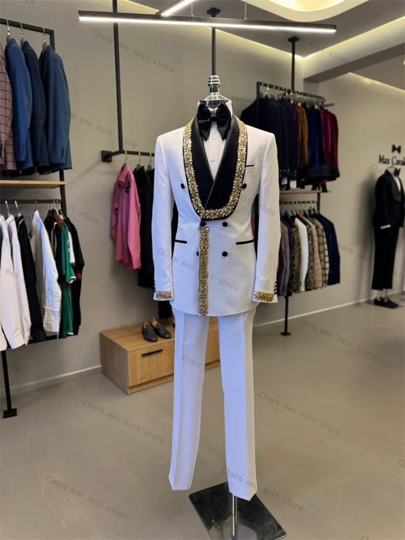 

Luxury Crystals White Men Suits Set 2 Pcs Blazer+Pant Trousers Groom Wedding Tuxedo Formal Office Cotton Male Prom Jacket Coat