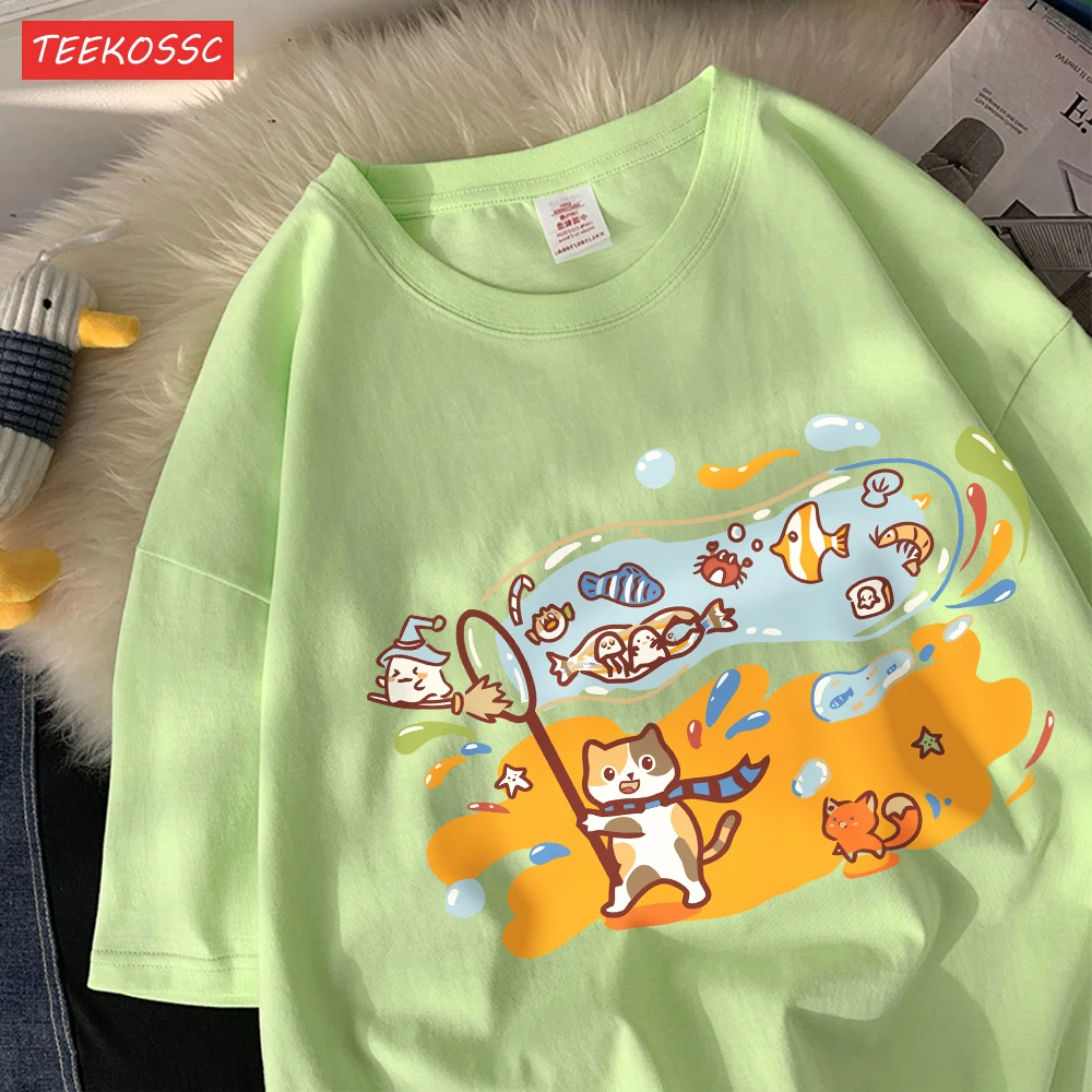 Mała rybka w ogromnej bąbelkowej bawełnie koszulki damskie kreskówki topy z nadrukiem O-Neck miękka obszerna koszulka letnia odzież codzienna