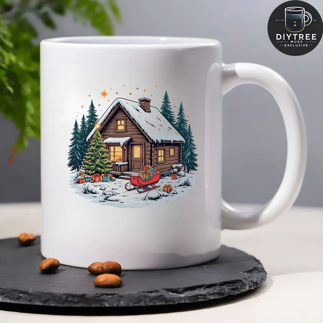 Taza de 11oz, cabaña navideña de dibujos animados, árbol iluminado, caja de regalo colorida, trineo, acogedor regalo de Navidad para niños, familia, oficina, Cof