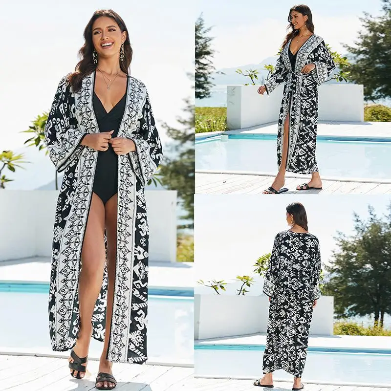 Kimono largo con estampado bohemio para mujer, túnica larga, cárdigan, Vestido de playa, ropa de playa, traje de baño con cinturón