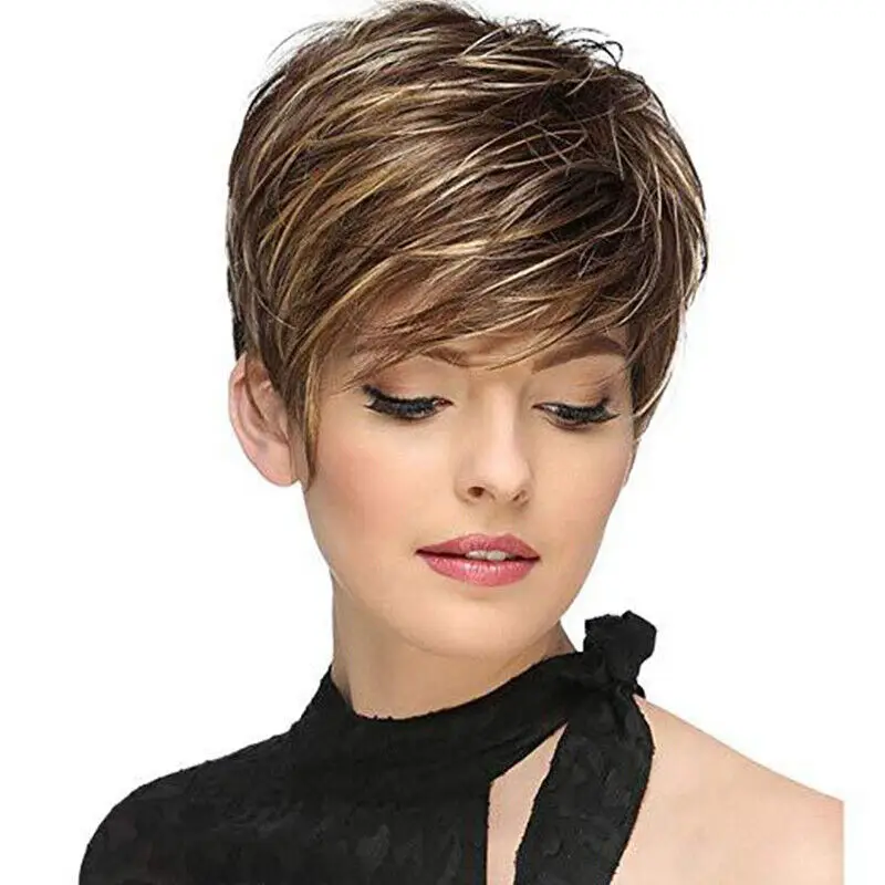 

Women Straight Brown mix Blonde Short Pixie Cut Wig Synthetic Cos Daily Use