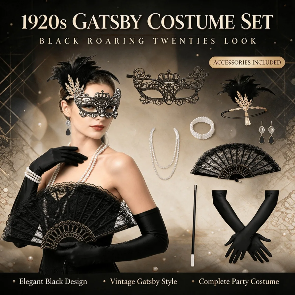 PESENAR 1920s Black Gatsby Flapper Costume Set Feather Headpiece Lace Mask Fan Pearl Bracelet Gloves for Masquerade Halloween Pa