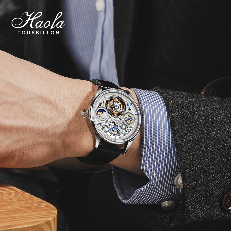 Haofa Manual Skeleton Tourbillon Watch for Men Sapphire Mechanical GMT Moonphase Hollow Watches Men Luxury Casual Business 1035