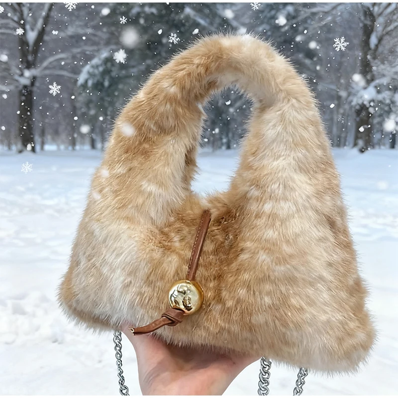 

Plush Tote Bag Fashion Deer Print Color-blocked Wristlet Winter Faux Fur Bucket Bag Korean Style Cute Wallet Chain Crossbody Bag