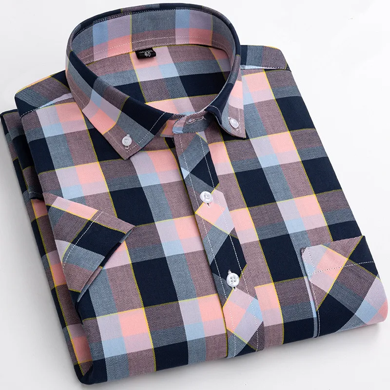 Free Shipping Men\'s Summer Shirts Short Sleeve Causal Plaid Korea Stylish Thin 100% Cotton Business Regular Fit Big Size S~6XL