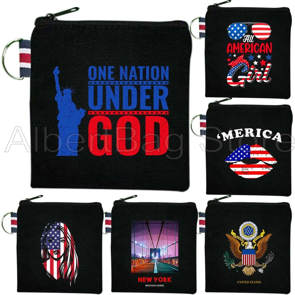 

American Flag Patriotic Gifts Agle 4th of July USA Map Canvas Coin Purse Small Square Key Lipstick Storage Card Bag Wallet Pouch