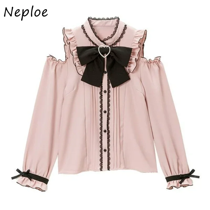 Neploe O Neck Lace Patchwork Bowknot Off-shoulder Shirts Vintage Blusas Mujer De Moda 2024 Long Sleeve Single-breasted Blouses