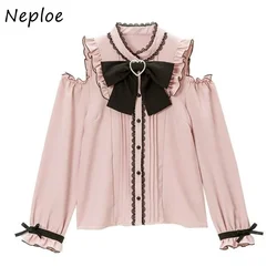 Neploe O Neck Lace Patchwork Bowknot Off-shoulder Shirts Vintage Blusas Mujer De Moda 2024 Long Sleeve Single-breasted  Blouses