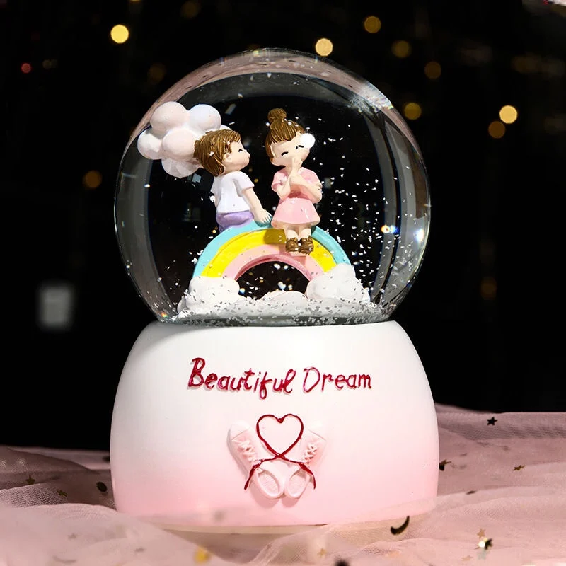 Pink Couple Crystal Ball Snow Globe Home Decorations Ornaments Battery-Powered Resin Base Decoração Para Quarto 스노우볼 Kid Gift