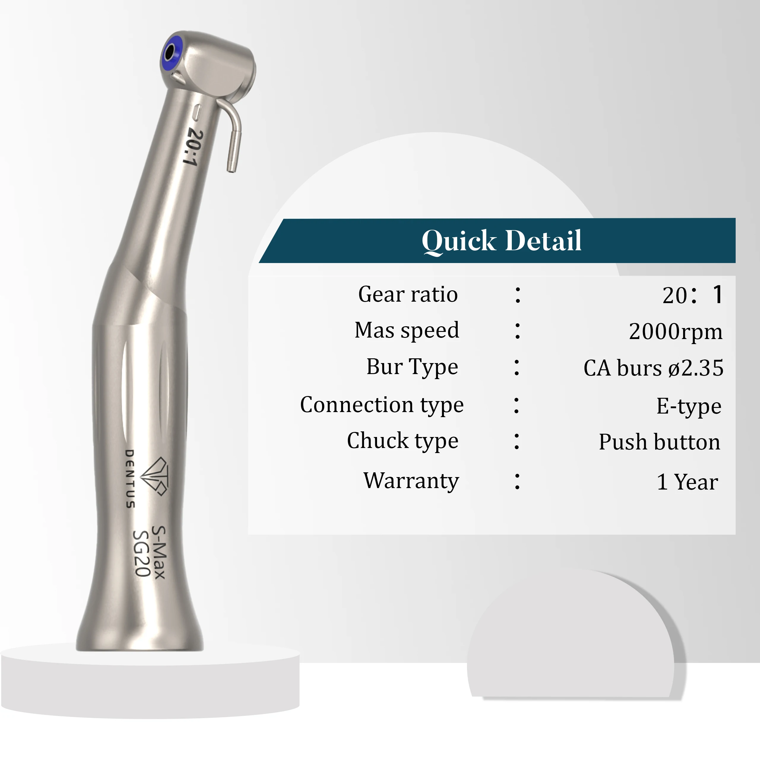 Dental 20:1 Low Speed Implant Contra Angle Push Button Against Angle 20 1 Implant Air Handpiece Without Light