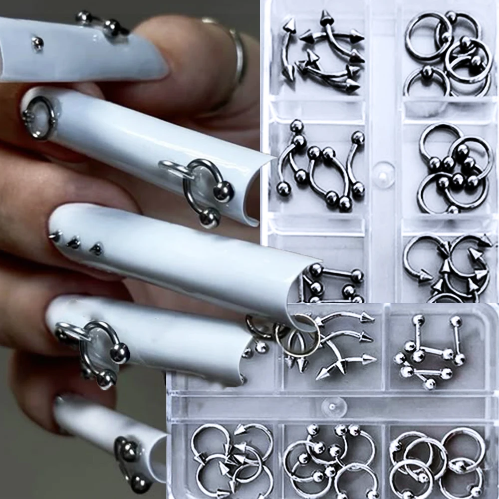 30pc Multiple Punk Piercing Metalic Silver Nail Rivet 6grid/box Alloy Silver/Gun Black Nail Ring Stud DIY Gothic Spike Nail Part
