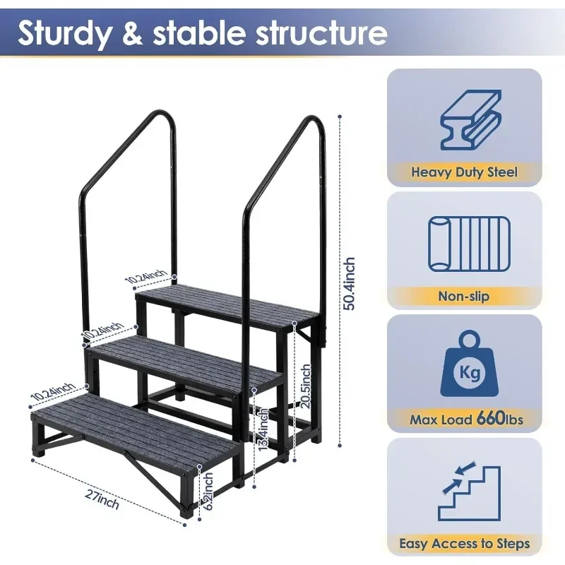 3-Step RV Steps with Dual Handrails – Heavy-Duty RV Stairs for Camper, Hot Tub, Trailer & Porch with Non-Slip Mats