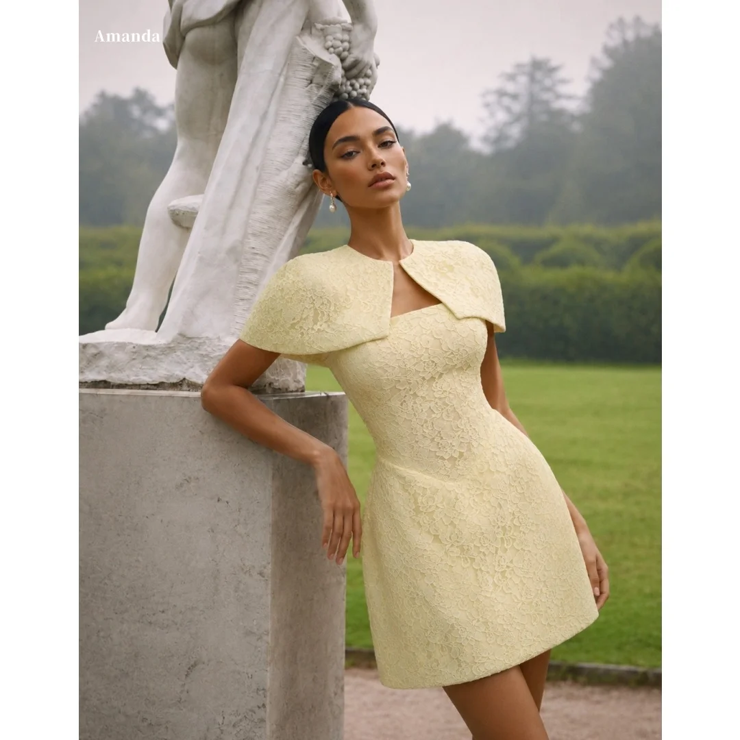 

Amanda Customized Pale Yellow Lace Square Neck Mini Formal Evening Prom Dress vestidos de noche with Matching Capelet 2026 New