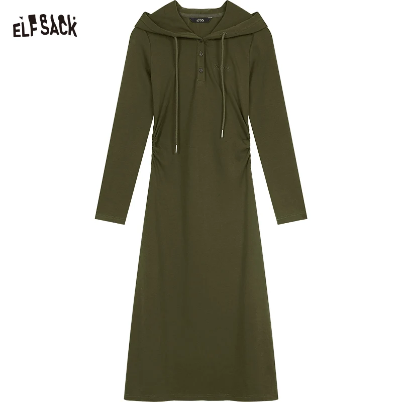 ELFSACK 2024 Autumn New Arrive Army green retro slim fit waist hooded long sleeve dress for women