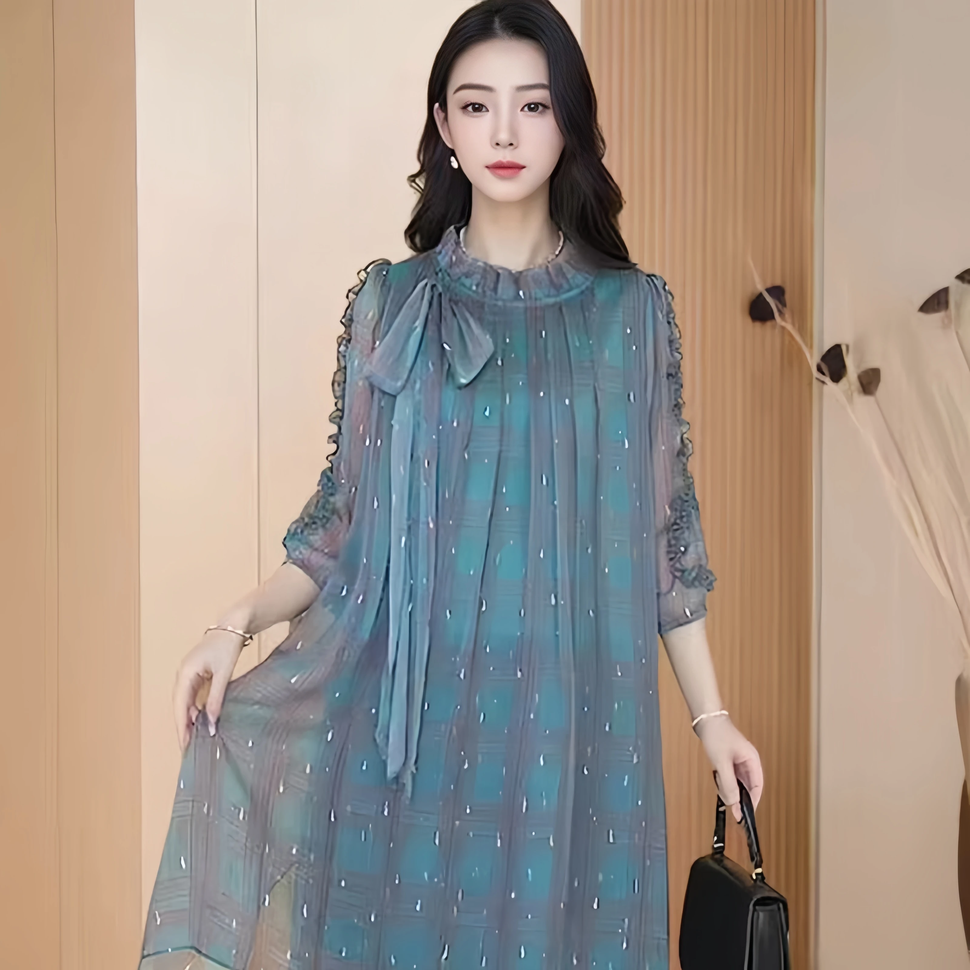 

Shoulder bow Lace-up Designer Chiffon Print Tiered Maxi Dress Summer Stand Collar Loose Elegant Short Sleeve Midi Robe