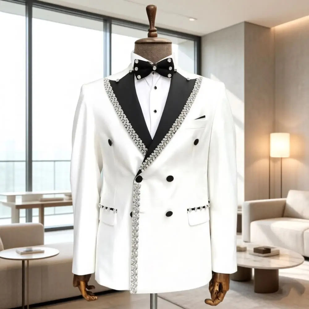Luxury Wedding Suits Double Breasted Beaded Tuxedo Mix Match Matte Buttons Clean Flap Side Pockets Theme Indoor Banquet Wear