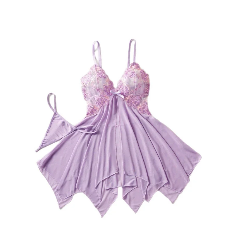 2 Pieces Light Purple Sling Mesh See Through Lace Trim For Women Female Ladies Charming Alluring Attractive Erotic Lingerie Set