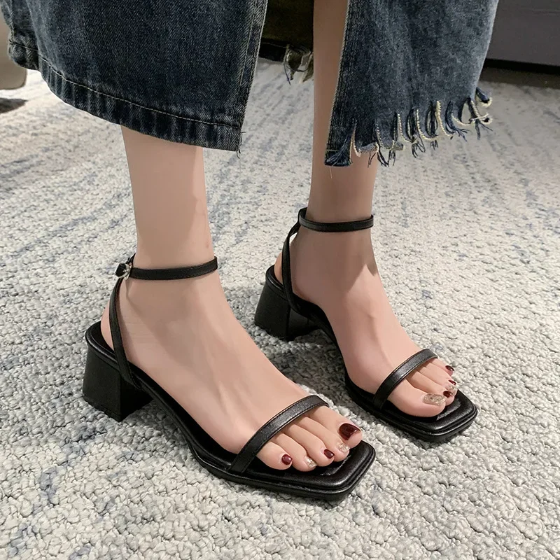 2024 Black Woman Ankle Strap Sandals Leather Open Toe High Heels Shoes Sexy Buckle Party Pumps Shoe Size 40