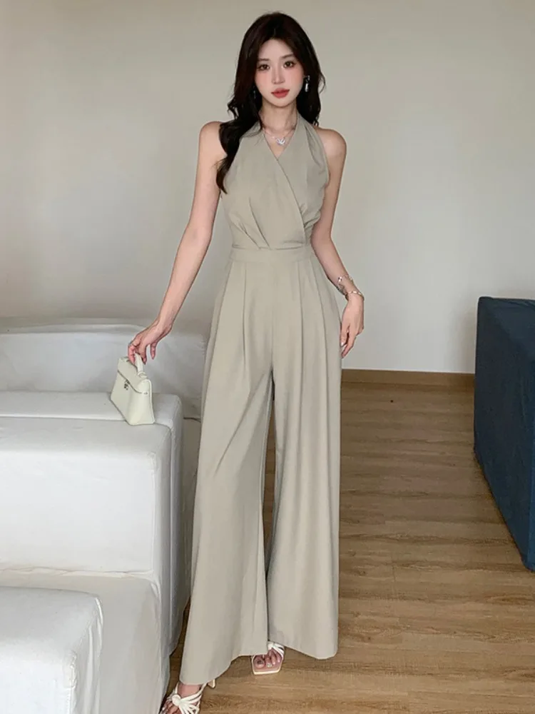 French Elegant Sleeveless Jumpsuit Women V Neck Lace Up Waist Slim Wide Leg Long Pants Summer Casual Office Clothing