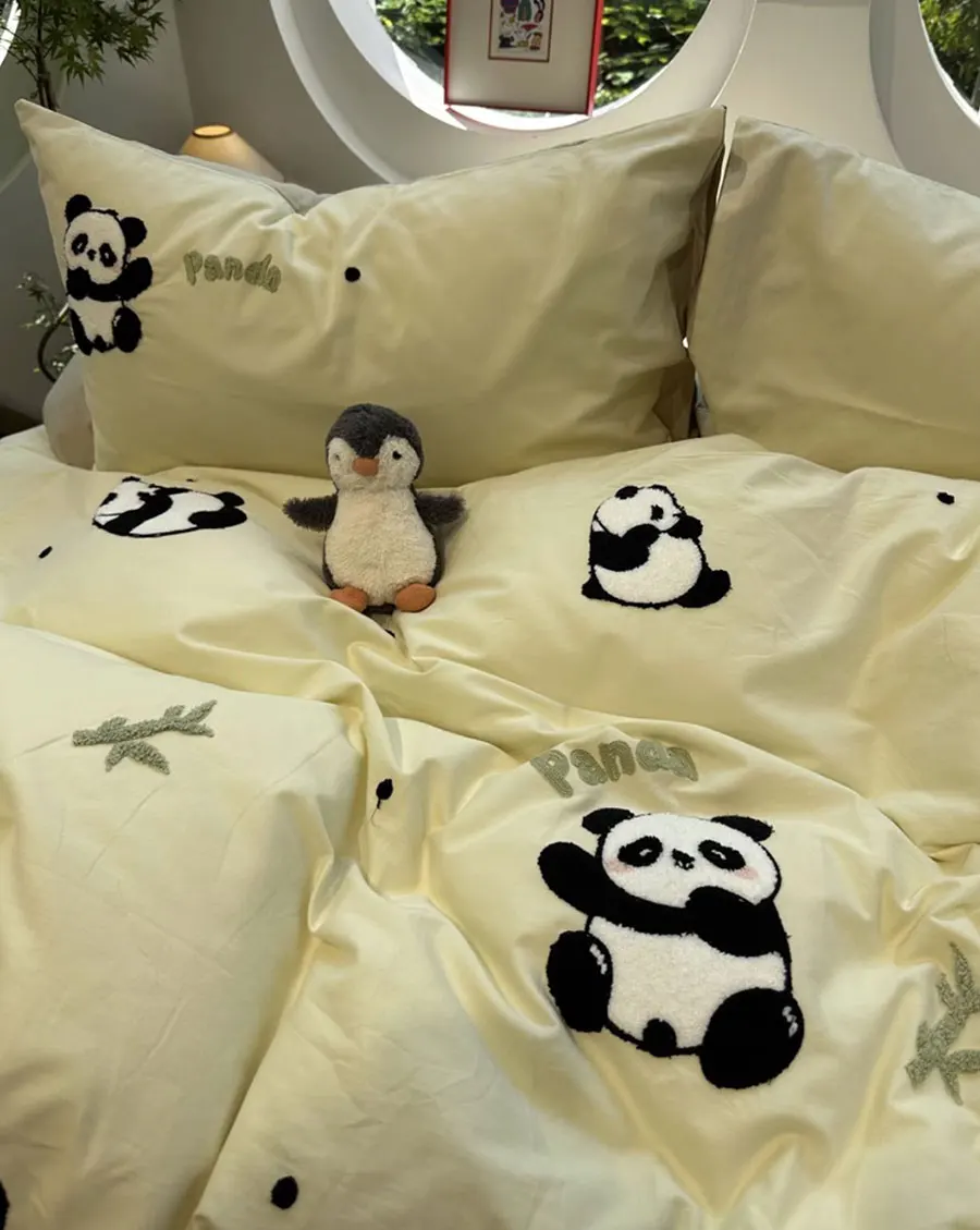 

Cute cartoon embroidery panda bamboo bedding set,twin full queen lovely cotton home textile bed sheet pillow case quilt cover