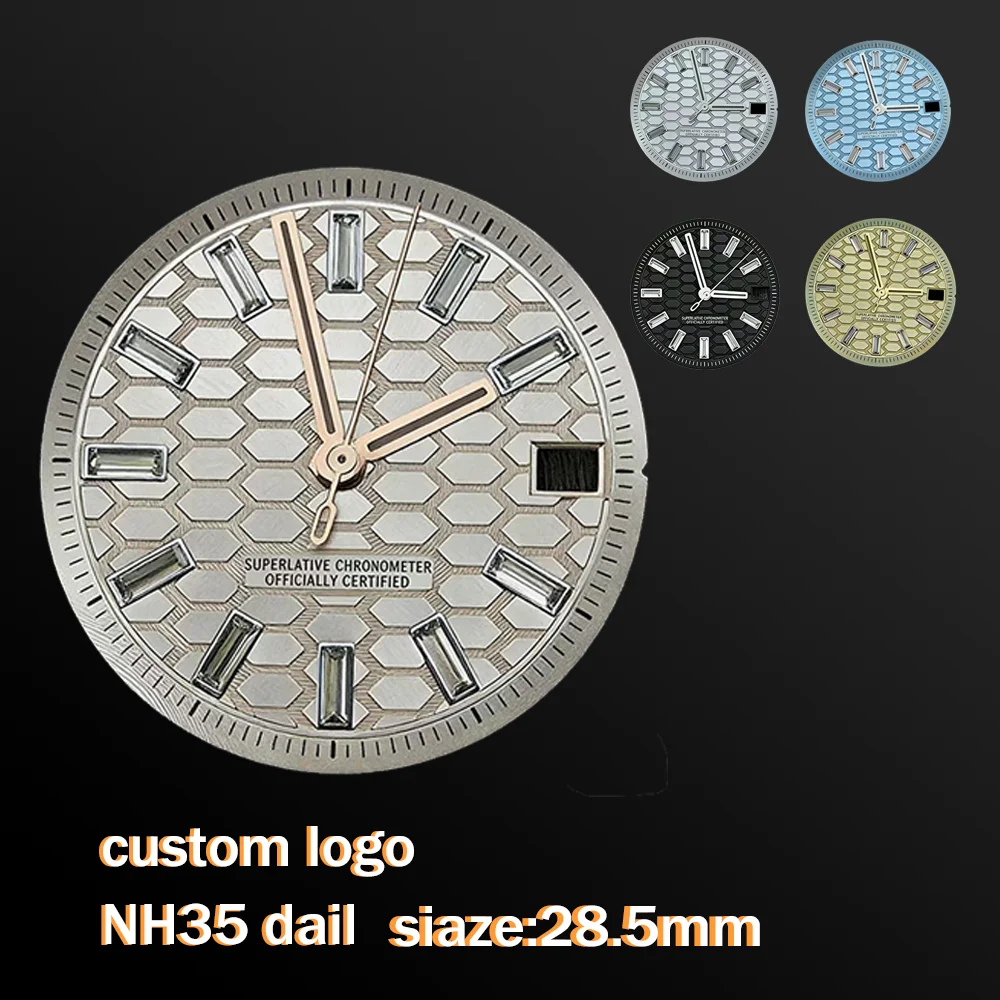 28.5mm Honeycomb Diamond Watch Dial for NH35 Movement 3 O'Clock Date Window Men's Watch Mod Parts Custom Luxury Wristwatch Rep