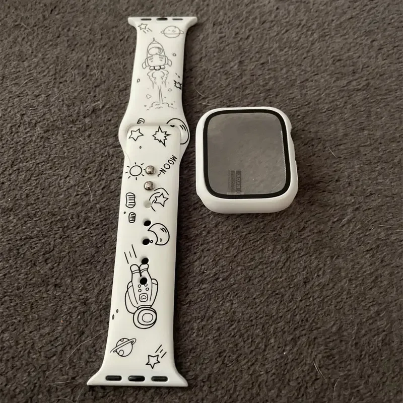 Case+Strap For Apple Watch Band 44mm 40mm 38mm 42mm 41 45mm Cartoon Printing Silicone Bracelet iWatch 8 7 6 SE 5 4 3 Ultra 49mm