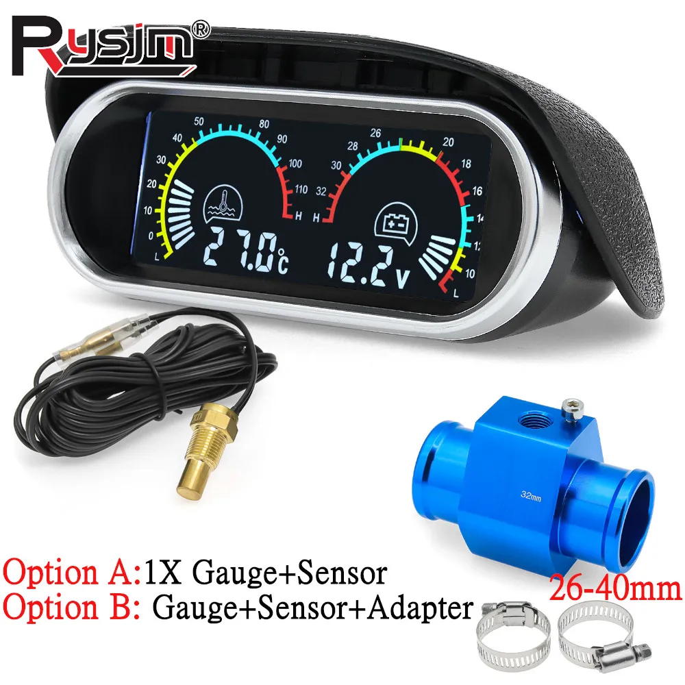 

N LCD Water Temperature & Voltmeter Gauge 2 in 1 Auto Digital Horizontal Car Gauge 10mm Temp Sensor Joint Pipe Adapter 26~40mm