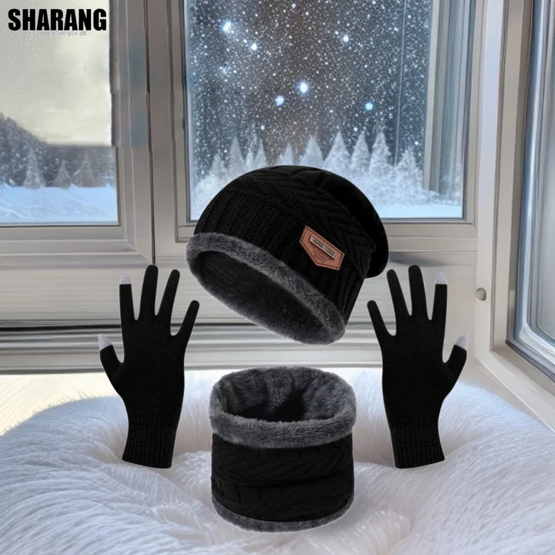 3pc Thermal Winter Set Windproof Fleece Hat Scarf Gloves Combo for Outdoor Sports Hiking Cycling Fishing Cold Weather Protection