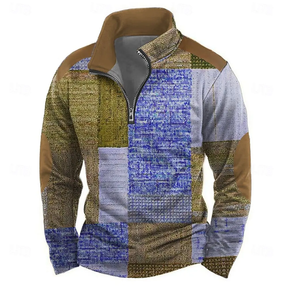3D Print Colorful Plaid Pattern Men's Zipper Sweatshirt Fashion Vintage Color Block Graphic Pullover Autumn Loose Casual Clothes