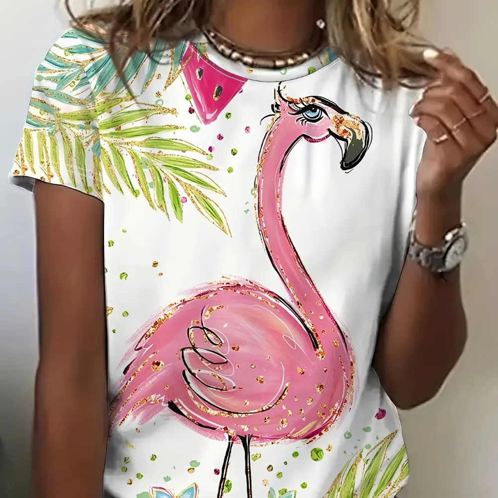 Vibrant Flamingo Print Short Sleeve Crew Neck T-Shirt - Regular Fit, Cute Summer Top Perfect For Spring And Summer Outings