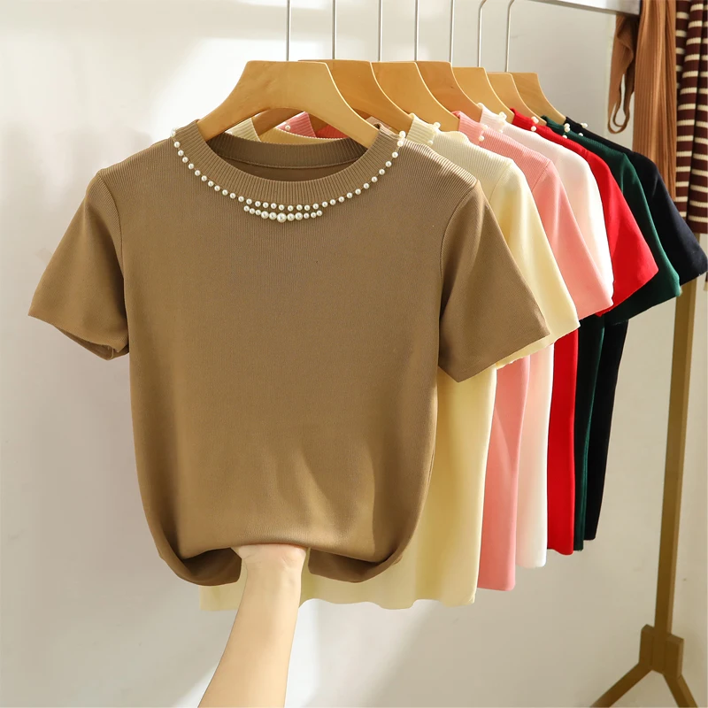 

Summer Ice Silk Knitwear Fashion Short sleeved Knitted T-shirt Thin Summer Women Tops 2024 New Beaded Casual Shirt