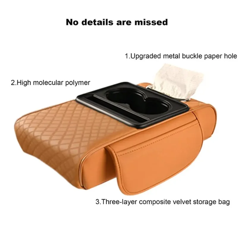 

AS57-Car Armrest Box Heightening Cushion With Cup Holder Tissue Box Side Storage Pocket For Auto Interior Arm Rest Cover