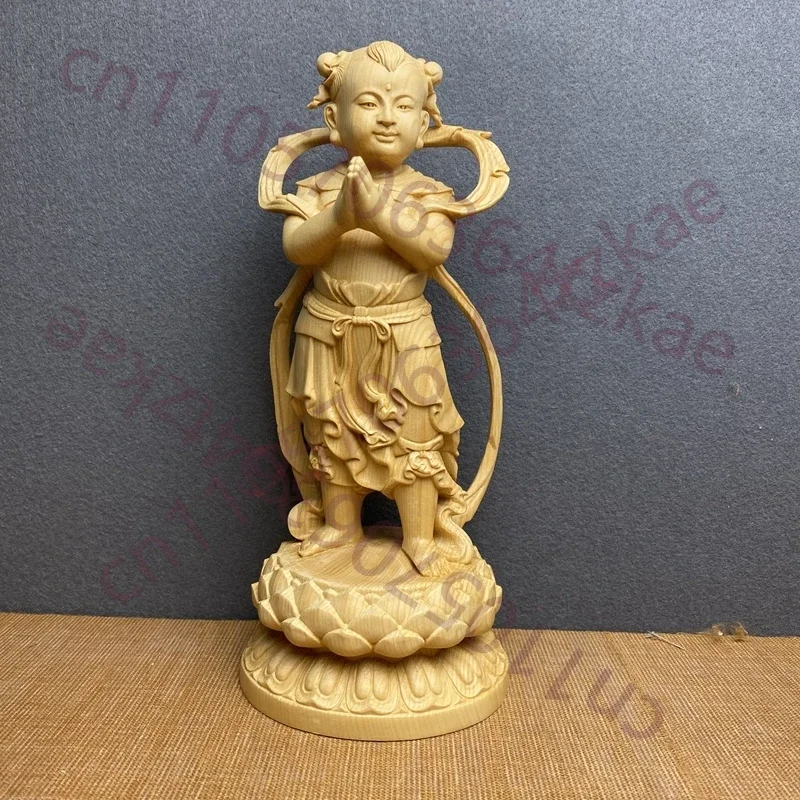 Hand Carved Hinoki Wood Golden Boy Jade Girl Statues Pair (Set of 2) - Spiritual Ornament Home Temple Decor Gift Collectible