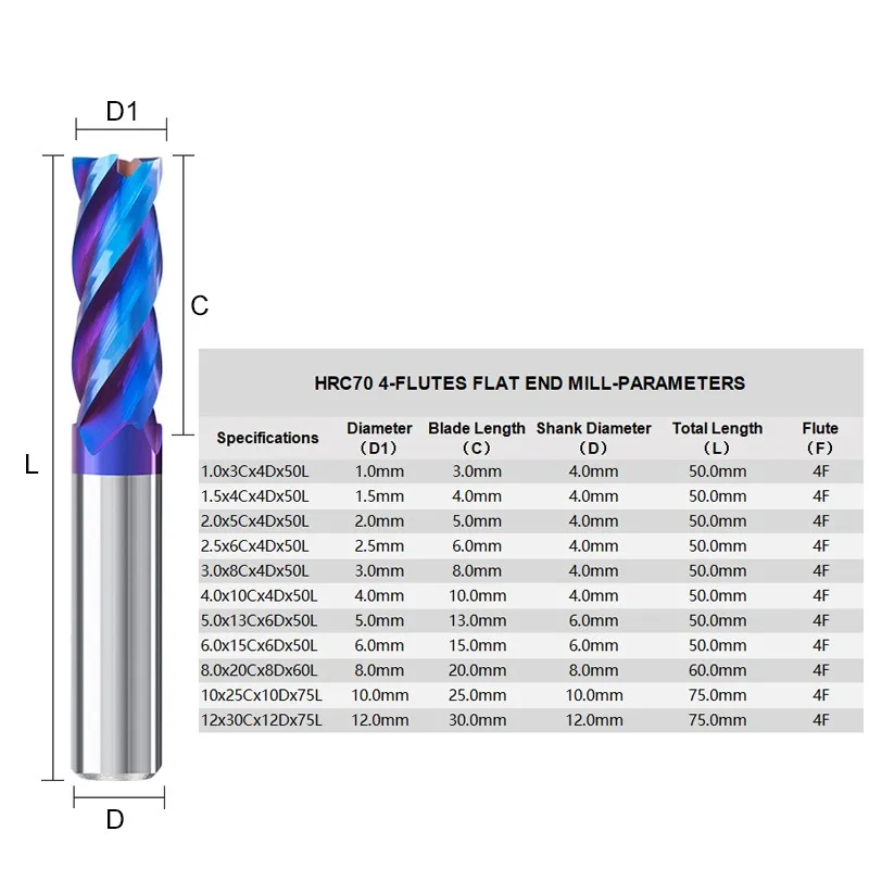 AZZKOR Endmill HRC70 1.0mm-12.0mm 4-Flute 11-Piece-Set Tungsten Steel Carbide Milling Cutter CNC Machining Center End Mill Tools