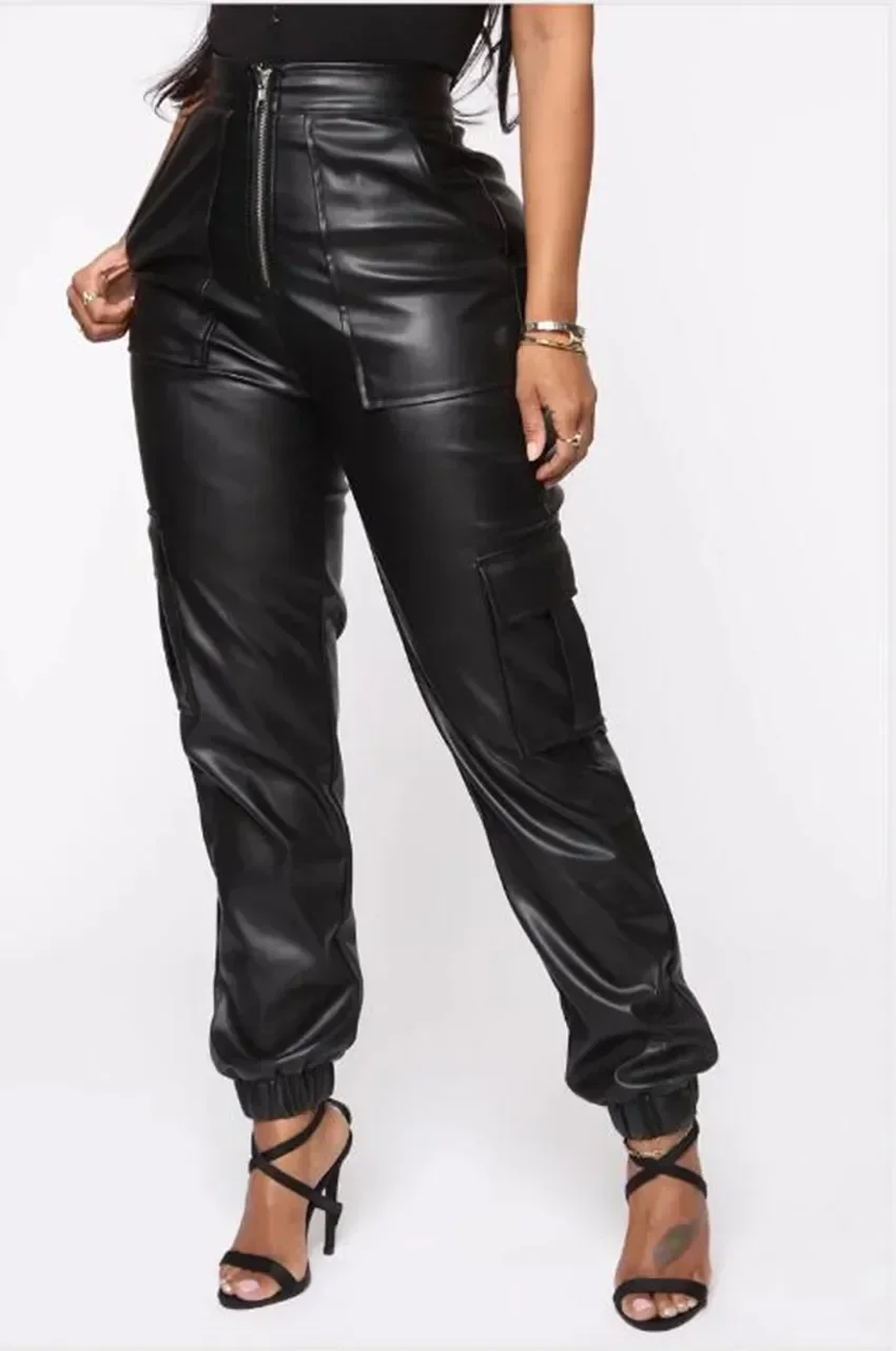 

Women Trousers Autumn Winter Fashion Faux Leather Pants High Waisted Zipper Multi Pocket Joggers Cargo Pants Straight-Leg Pants