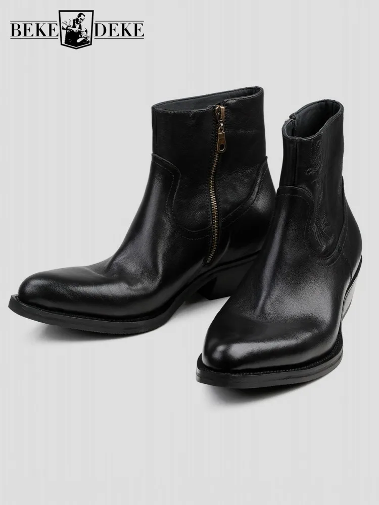 New Mens Zipper Cowskin Ankle Boots Flower Black High Top Shoes Male Pointed Toe Footwear Chic Real Leather Western Style Boots