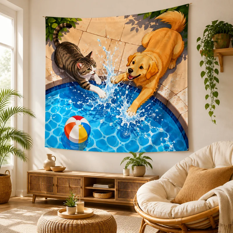 VIKAMA Rainbow Meadow Cute Pet Tapestry, Tabby Cat and Border Collie on a Green Hill at Sunset Wall Hanging, Home Decor