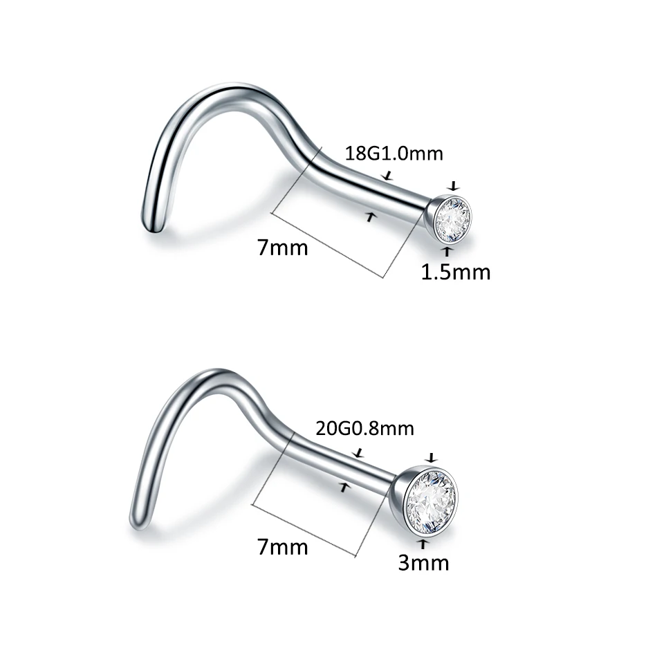 10pcs/lot Steel 20G 18G Zircon Nose Stud Nose Piercing Screw CZ S-Shape Retainer Nostril Earring Piercings Nariz Women Jewelry